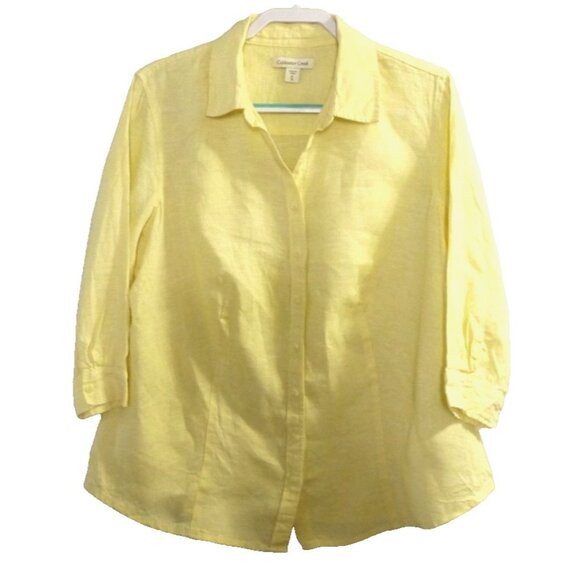 COLDWATER CREEK yellow linen full button blouse 3/4 sleeves Women's size XL/16 - Picture 1 of 4